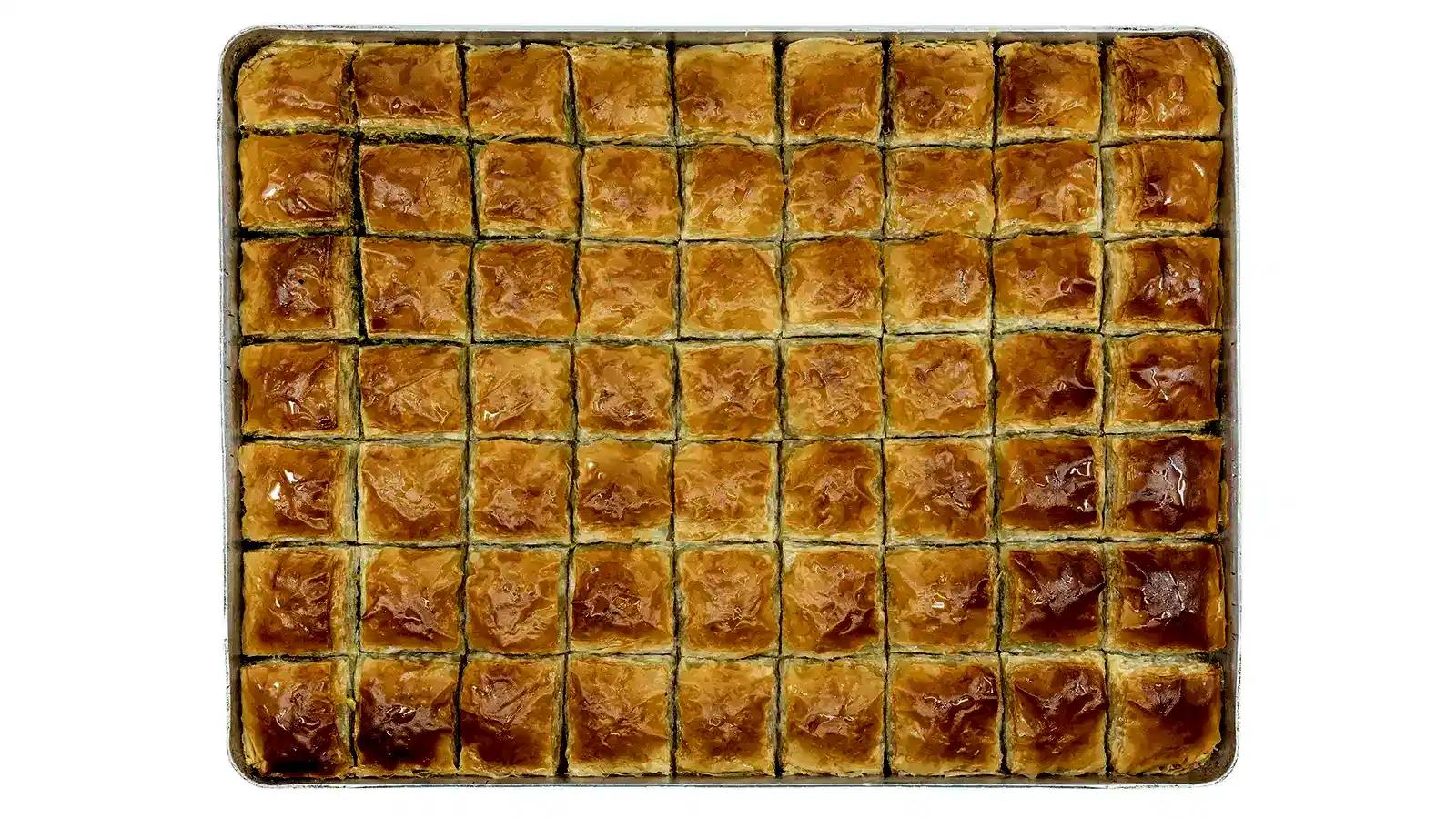 El açması yufkadan hazırlanan, manda tereyağı ve bol boz Antep fıstığı ile yapılan baklava tepsisi, kg sipariş için özel sunum – Bakı Dede Kebap Steak Burger Tatlı Kasap